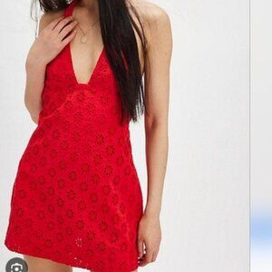 Free People Embroidered Halter Red Trevi Eyelet Mini Dress
